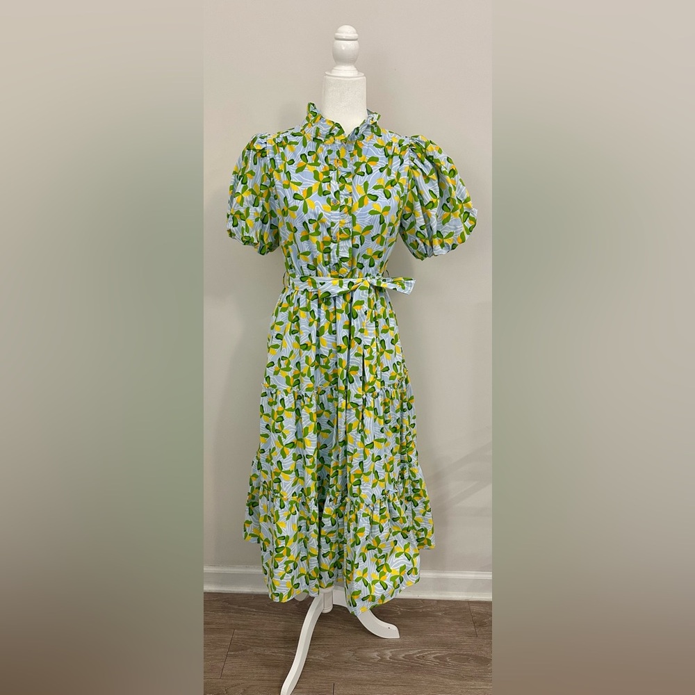 Floral Tie-Waist Midi Dress in Green and Blue